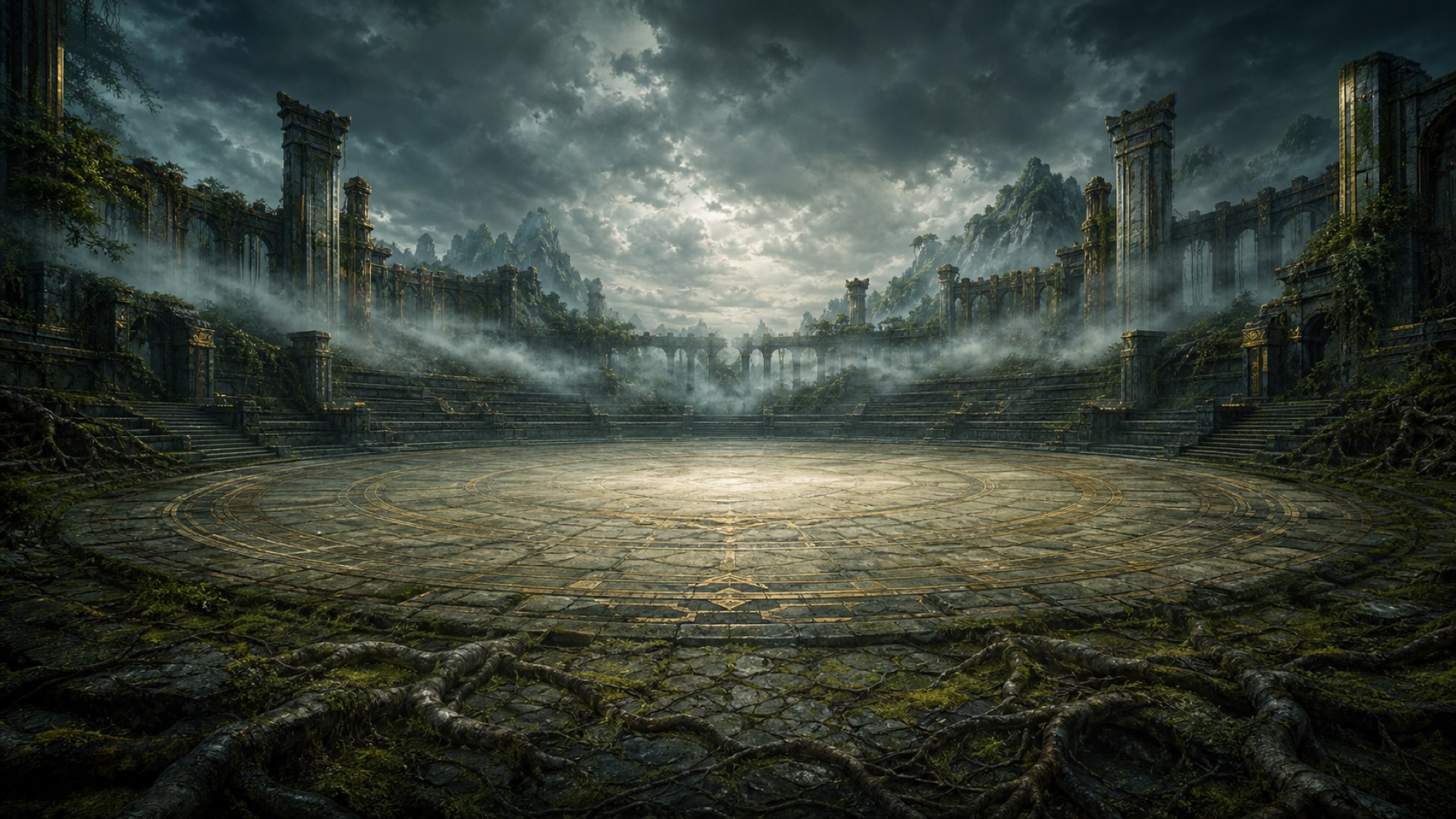 Ein Skyhold: die ringförmige Arena zwischen bewachsenen Ruinen unter einem Sturmhimmel